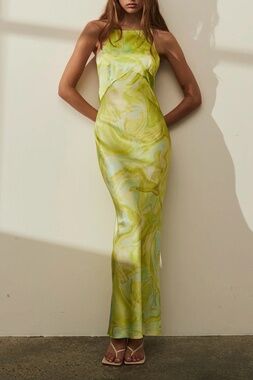 Ginia Gaia Maxi Dress in Lime Swirl Abstract Print Green Blue Size Large Womens